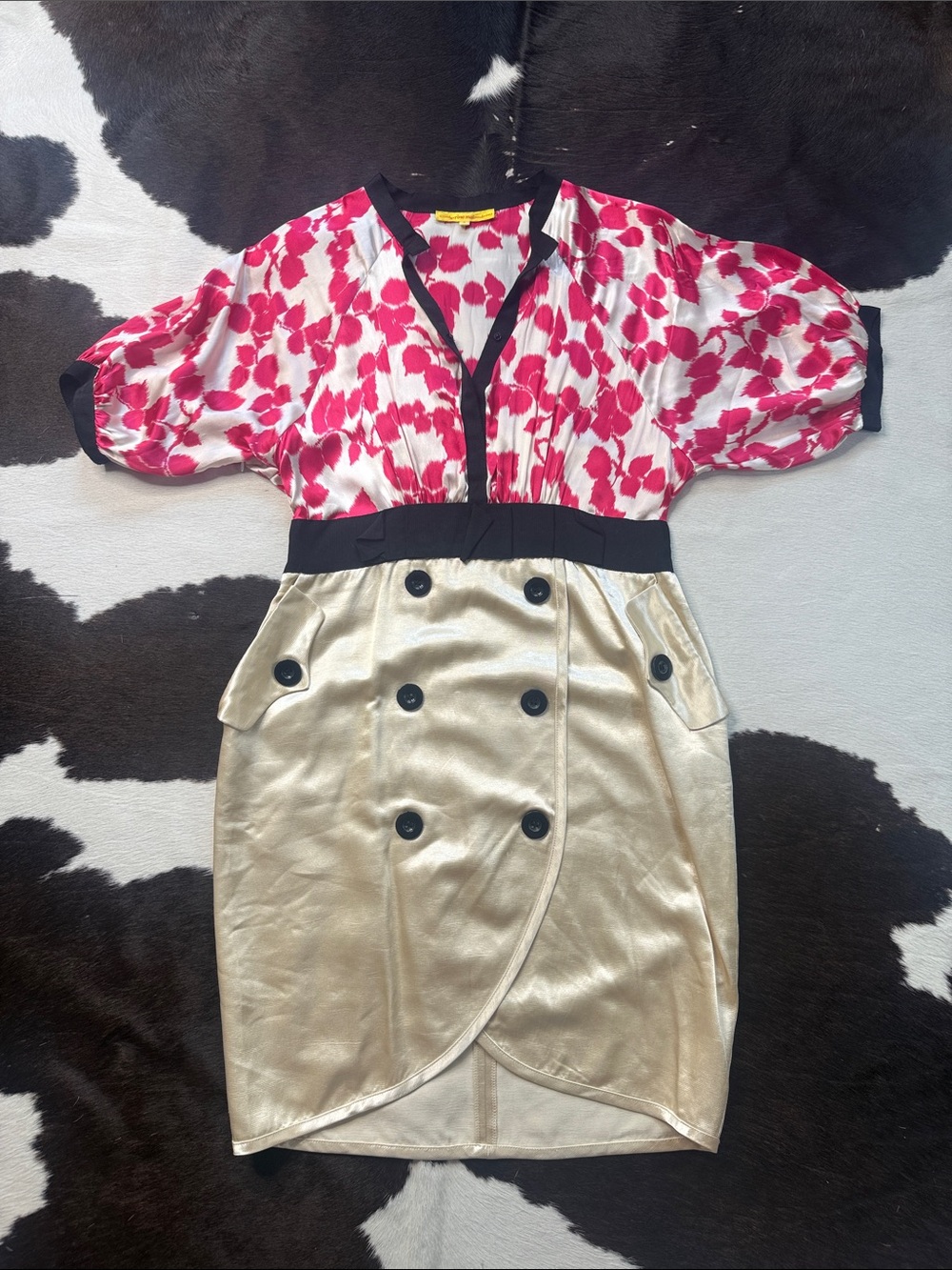 Catherine Malandrino Pink Floral Top with Cham Tulip Midi Skirt and Black Trim